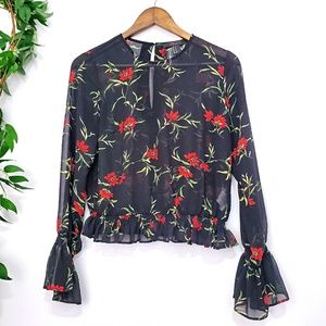 2/$20 F21 Black Sheer Floral Flounce Ruffle Blouse
